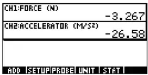 CH1:FORCE (N) -3.267 CH2:ACCELERATOR (M/S²) -26.58 ADD SETUP PROBE UNIT STAT