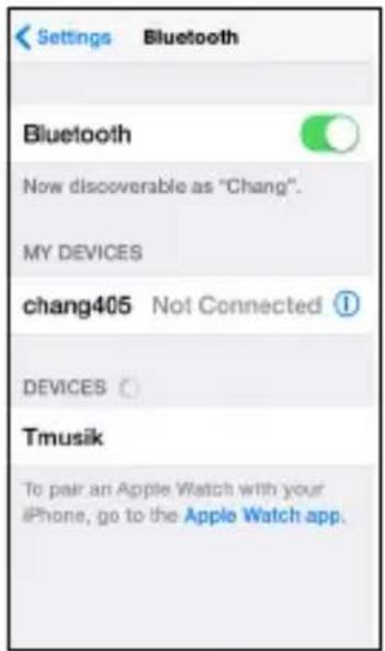 Settings Bluetooth Bluetooth Now discoverable as "Chang". MY DEVICES chang405 Not Connected ① DEVICES Tmusik To pair an Apple Watch with your iPhone, go to the Apple Watch app.