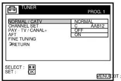 TUNER PROG. 1 NORMAL / CATV NORMAL CHANNEL SET C AAB12 PAY - TV / CANAL+ AFT OFF FINE TUNING ON RETURN SELECT : ** SET : OK MENU EXIT :