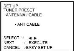 SET UP TUNER PRESET ANTENNA / CABLE • ANT CABLE SELECT : / ◀► NEXT : EXECUTE CANCEL : EASY SET UP
