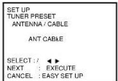 SET UP TUNER PRESET ANTENNA / CABLE ANT CABLE SELECT : ◀ ► NEXT : EXECUTE CANCEL : EASY SET UP