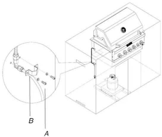 Technical diagram of a gas stove with labeled components and cross-sectional view