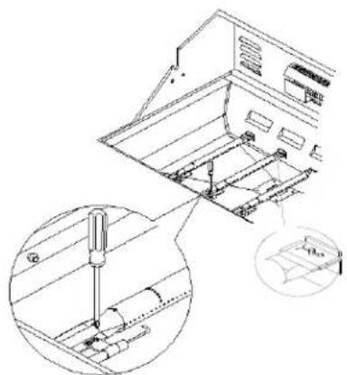 Technical diagram showing a mechanical assembly with a screwdriver inserted into a housing, and a magnified inset illustrating the internal structure.