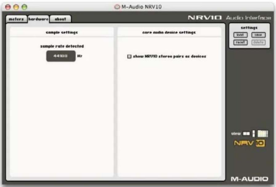 M-Audio NRV10 meters hardware about NRV10 Audio Interface sample settings sample rate detected 44100 Hz care audio device settings □ show NRV10 stereo pairs as devices settings load time reset delete view NRV 10 M-AUDIO