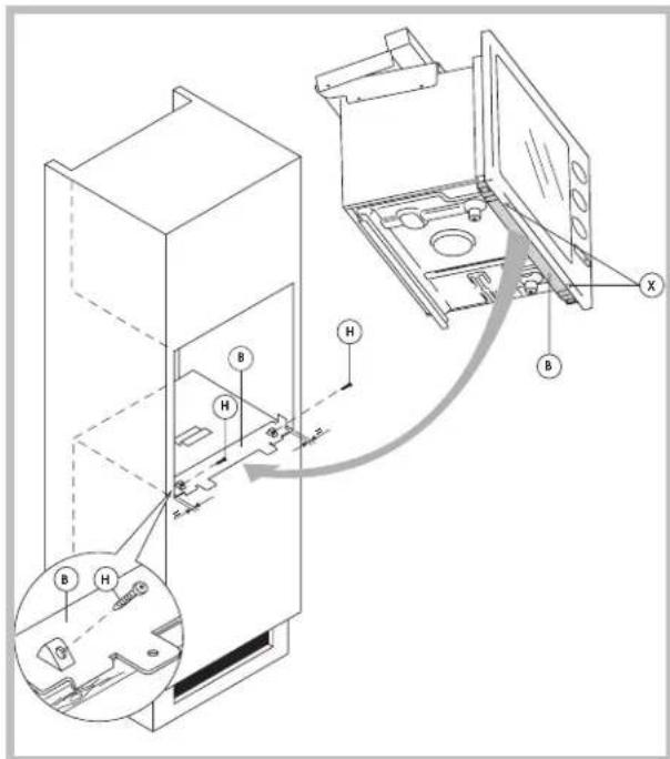 Technical diagram of a refrigerator internal structure with labeled components and an inset view showing internal components and connection points.