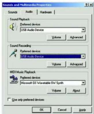 Sounds and Multimedia Properties Sounds Audio Hardware Sound Playback Preferred device: USB Audio Device Volume Advanced Sound Recording Preferred device: USB Audio Device Volume Advanced MIDI Music Playback Preferred device: Microsoft GS Wavetable SW Synth Volume About Use only preferred devices OK Cancel Apply