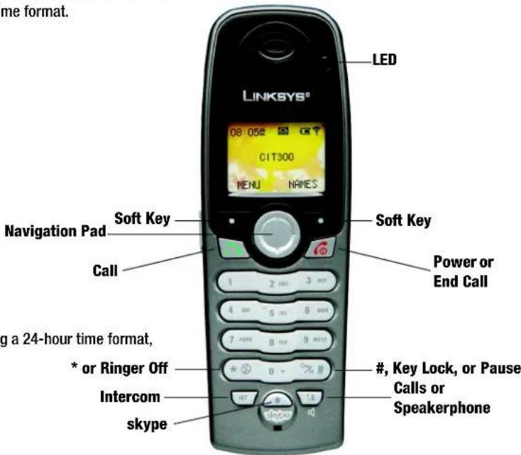 Time format. LINKSYS® LED 08:05E CRT CIT300 MENU NAMES Navigation Pad Soft Key Call Soft Key Power or End Call g a 24-hour time format, * or Ringer Off #, Key Lock, or Pause Intercom Calls or skype Speakerphone