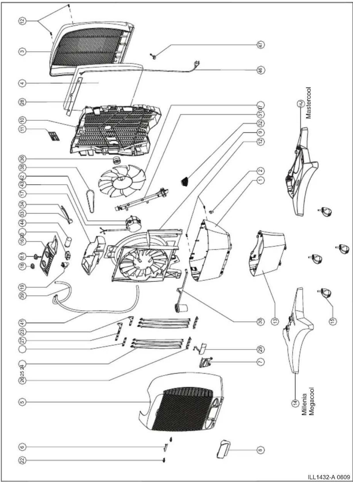 Exploded view diagram of an automotive air conditioning system with numbered components and labeled parts like Mastercool, Millenia Megacool, and fan.
