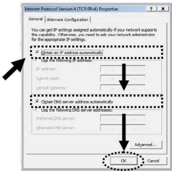 Internet Protocol Version 4 (TCP/IPv4) Properties General | Alternate Configuration | You can get IP settings assigned automatically if your network supports this capability. Otherwise, you need to ask your network administrator for the appropriate IP settings. ● Obtain an IP address automatically Use the following IP address: IP address: Subnet mask: Default gateway: ● Obtain DNS server address automatically Use the following DNS server addresses: Preferred DNS server: Alternate DNS server: Advanced... OK Cancel