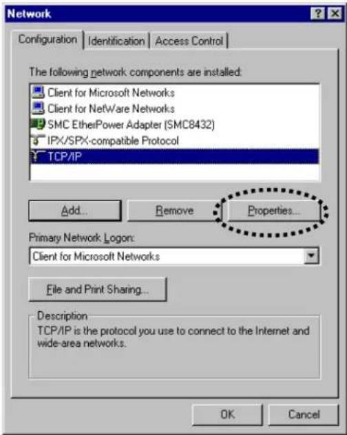 Network Configuration | Identification | Access Control | The following network components are installed: Client for Microsoft Networks Client for NetWare Networks SMC EtherPower Adapter (SMC8432) IPX/SPX-compatible Protocol TCP/IP Add... Remove Properties... Primary Network Logon: Client for Microsoft Networks File and Print Sharing... Description TCP/IP is the protocol you use to connect to the Internet and wide-area networks. OK Cancel