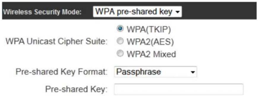 Wireless Security Mode: WPA pre-shared key WPA Unicast Cipher Suite: WPA(TKIP) WPA2(AES) WPA2 Mixed Pre-shared Key Format: Passphrase Pre-shared Key: