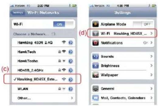 Wi-Fi Networks Wi-Fi ON Choose a Network... Hawking 450N 2.4Q HawkTech HawkTecho HD45B_2.4GHz ✓ Hawking_HD45X_Exte... WLAN Other... Settings Airplane Mode OFF Wi-Fi Hawking_HD45X_ Notifications On > Sounds > Brightness > Wallpaper > General > Mail, Contacts, Colenders >