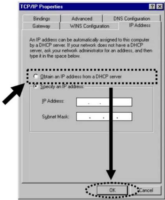 TCP/IP Properties Bindings Advanced DNS Configuration Gateway WINS Configuration IP Address An IP address can be automatically assigned to this computer by a DHCP server. If your network does not have a DHCP server, ask your network administrator for an address, and then type it in the space below. Obtain an IP address from a DHCP server Specify an IP address: IP Address: .. Subnet Mask: .. OK Cancel