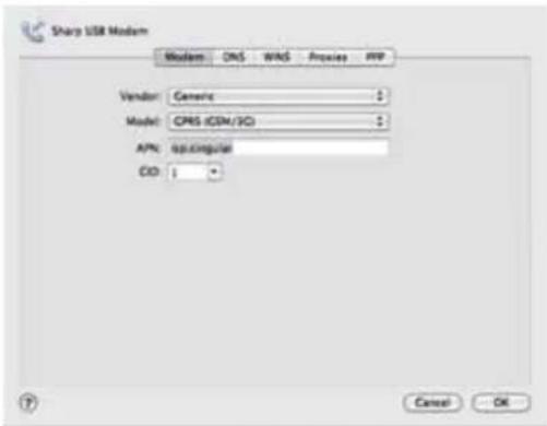 Sharp USB Modem Modem OMS WNS Proples RPP Vendor Ceneric Model CPRS (CDM/3C) APN spi.circular OD 1 Cancel OK