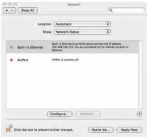 network Location: Automatic Show: Network Status Built-in Ethernet Built-in Ethernet is currently active and has the P address 282.348.109.372. This is connected to the internet via Built-in Ethernet AirPort AirPort is currently part Configure... Connect... Click the lock to prevent further changes. Assist me... Apply Now