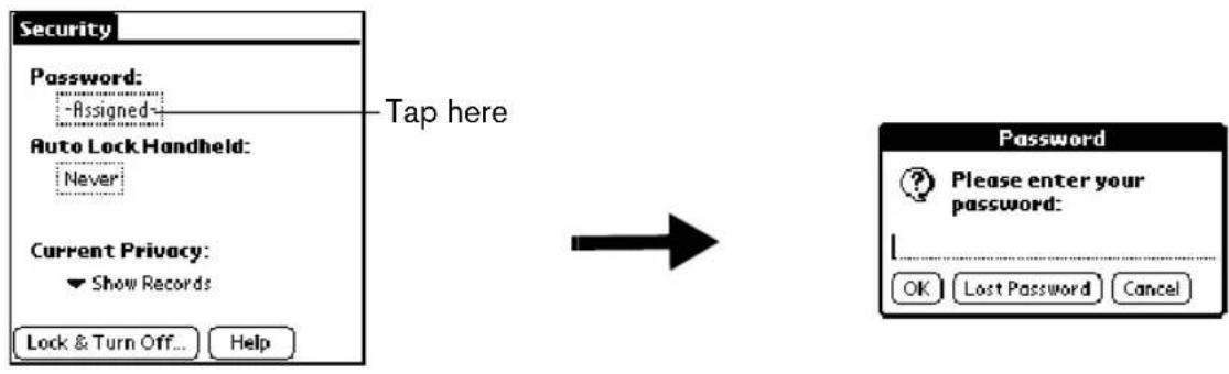 Security Password: -Assigned- Auto Lock Handheld: Never Current Privacy: Show Records Lock & Turn Off... Help Tap here Password ? Please enter your password: OK Lost Password Cancel