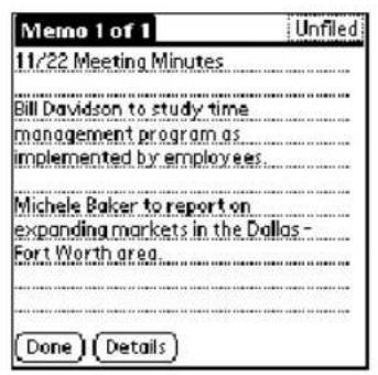 Memo 1 of 1 11/22 Meeting Minutes Bill Davidson to study time management program as implemented by employees. Michele Baker to report on expanding markets in the Dallas- Fort Worth area. Done Details