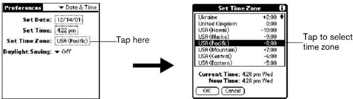 Preferences ▼ Date & Time Set Date: 12/14/01 Set Time: 4.22 pm Set Time Zone: USA (Pacific) Daylight Saving: ▼ Off Tap here Set Time Zone Ukraine +2:00 ↑ United Kingdom 0:00 USA (Hawaii) -10:00 USA (Alaska) -9:00 USA (Pacific) -8:00 USA (Mountain) -7:00 USA (Central) -6:00 USA (Eastern) -5:00 Current Time: 4.28 pm Wed New Time: 4.28 pm Wed OK Cancel Tap to select time zone