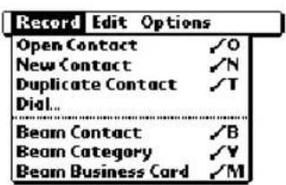 Record Edit Options Open Contact ✓O New Contact ✓N Duplicate Contact ✓T Dial... Beam Contact ✓B Beam Category ✓Y Beam Business Card ✓M