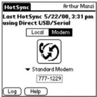 HotSync Last HotSync 5/22/00, 3:31 pm using Direct USB/Serial Local Modem Standard Modem 777-1229 Log Help