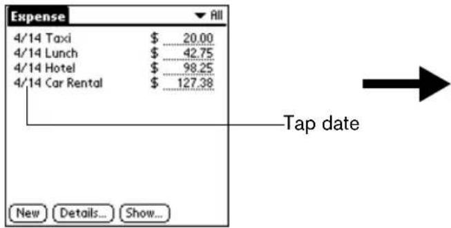Expense 4/14 Taxi $ 20.00 4/14 Lunch $ 42.75 4/14 Hotel $ 98.25 4/14 Car Rental $ 127.38 Tap date New Details... Show...