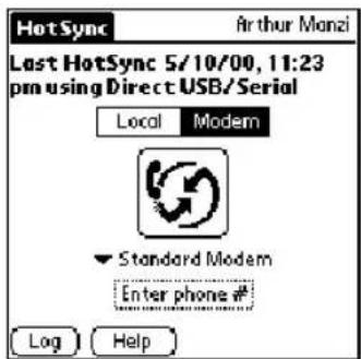HotSync Last HotSync 5/10/00, 11:23 pm using Direct USB/Serial Local Modem Standard Modem Enter phone # Log Help Arthur Manzi