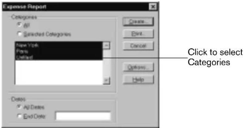 Expense Report Categories All Selected Categories New York Paris Unified Delete All Dates End Date Create... Print... Cancel Options... Help Click to select Categories