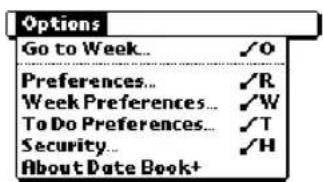 Options Go to Week... ✓O Preferences... ✓R Week Preferences... ✓W To Do Preferences... ✓T Security... ✓H About Date Book+
