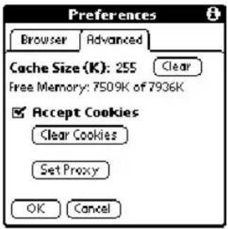 Preferences Browser Advanced Cache Size (K): 255 Clear Free Memory: 7509K of 7936K Accept Cookies Clear Cookies Set Proxy OK Cancel