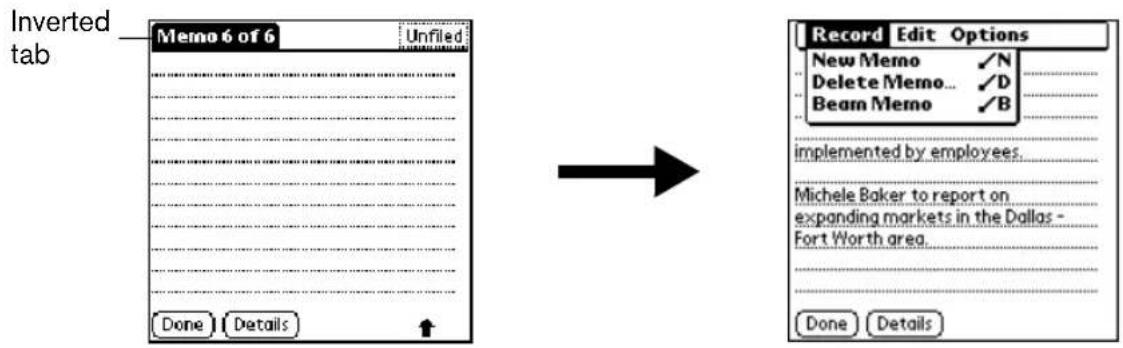 Inverted tab Memo 6 of 6 Unfiled Done Details Record Edit Options New Memo ✓N Delete Memo... ✓D Beam Memo ✓B implemented by employees. Michele Baker to report on expanding markets in the Dallas - Fort Worth area. Done Details