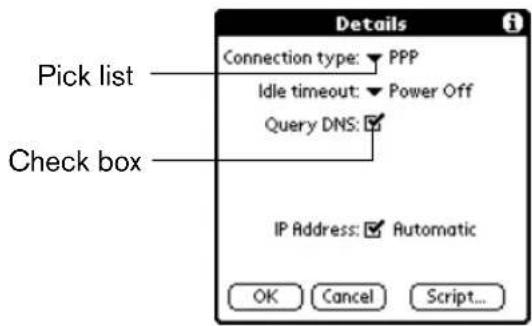Pick list Check box Connections type: PPP Idle timeout: Power Off Query DNS: IP Address: Automatic OK Cancel Script...