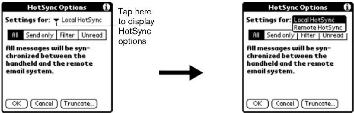 HotSync Options Settings for: ▼ Local HotSync All Send only Filter Unread All messages will be syn- chronized between the handheld and the remote email system. OK Cancel Truncate... Tap here to display HotSync options HotSync Options Settings for: Local HotSync Remote HotSync All Send only Hiter Unread All messages will be syn- chronized between the handheld and the remote email system. OK Cancel Truncate...