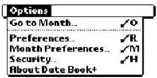 Options Go to Month... ✓O Preferences... ✓R Month Preferences... ✓M Security... ✓H About Date Book+