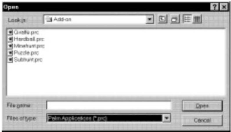 Open Look in Add-as Cusella.prc Hardball.prc Minethumi.prc Puzzle.prc Subhuang.prc File name: Files at type: Open Cancel