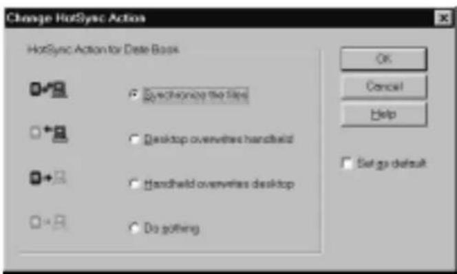 Change HotSync Action HotSync Action for Data Base Synthesize the files Desktop overhives handheld Handheld overhives desktop Do getting OK Cancel Help Set go default