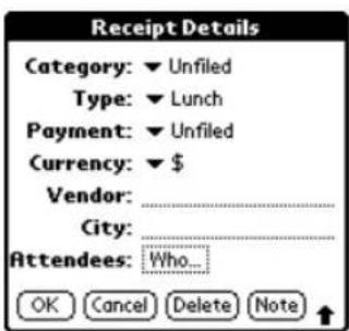 Receipt Details Category: ▼ Unfiled Type: ▼ Lunch Payment: ▼ Unfiled Currency: ▼ $ Vendor: ________ City: ________ Attendees: Who... OK Cancel Delete Note ↑