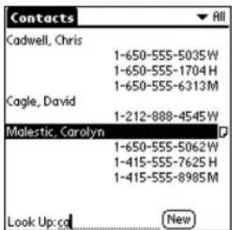 Contacts All Cadwell, Chris 1-650-555-5035W 1-650-555-1704H 1-650-555-6313M Cagle, David 1-212-888-4545W Malestic, Carolyn 1-650-555-5062W 1-415-555-7625H 1-415-555-8985M Look Up: cd (New)