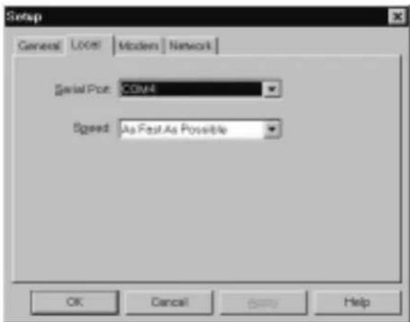 Setup General Locel Modens Network Serial Port: CM4 Speed: As Fast/As Possible OK Cancel Help