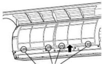 Technical diagram of a vehicle rearview structure with labeled components and directional arrow