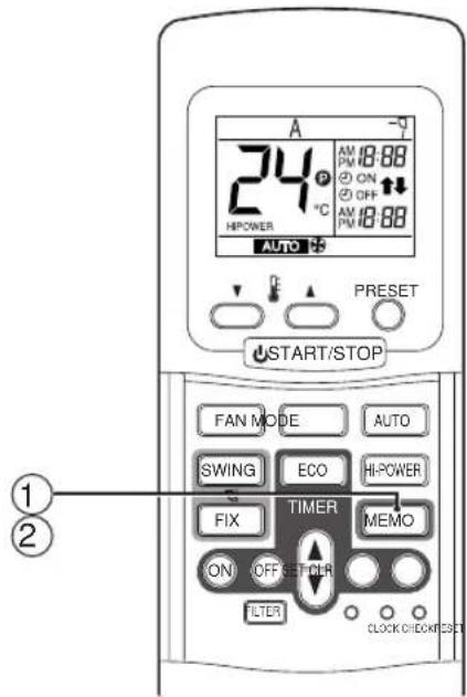 A 24 P °C HIPOWER AUTO AM PM 18:88 ON OFF AM PM 18:88 PRESET START/STOP FAN MODE AUTO SWING ECO HIPOWER FIX TIMER MEMO ON OFF SETTUR TLTER CLOCK CHECK/PRESET