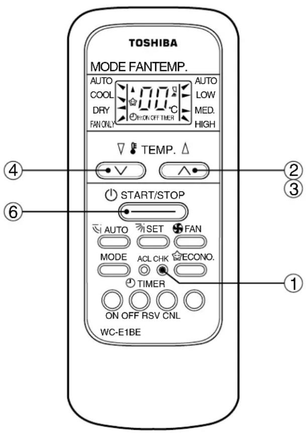 TOSHIBA MODE FANTEMP. AUTO COOL DRY FAN ONLY AUTO LOW MED. HIGH TEMP. START/STOP AUTO SET FAN MODE ACL CHK ECONO. TIMER ON OFF RSV CNL WC-E1BE ① ② ③ ④ ⑥
