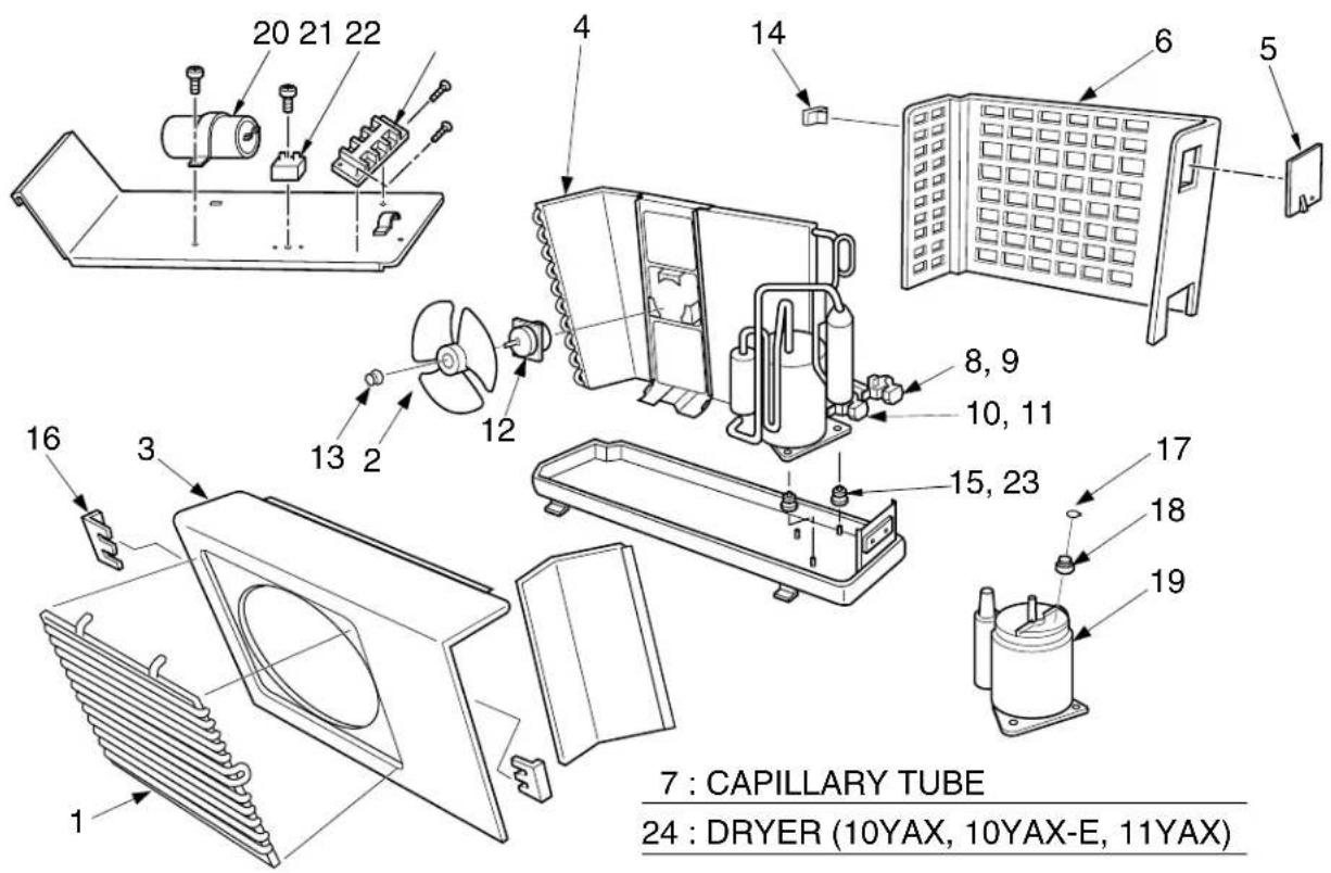 20 21 22 4 14 6 5 8, 9 10, 11 13 2 12 15, 23 17 18 19 16 3 1 1 7 : CAPILLARY TUBE 24 : DRYER (10YAX, 10YAX-E, 11YAX)