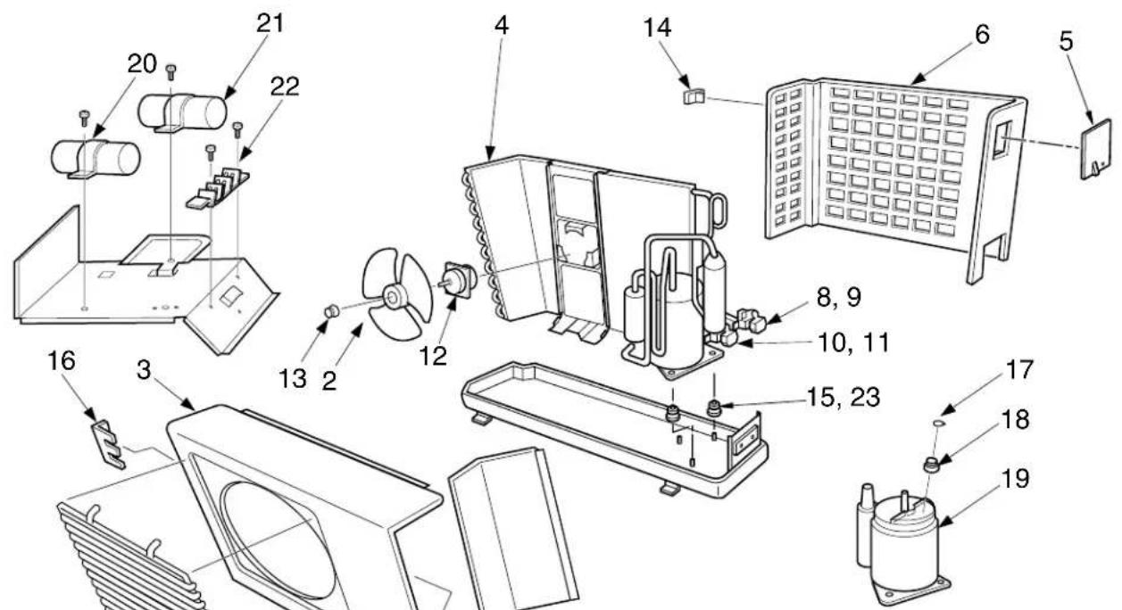 Exploded view diagram of a refrigerator assembly with numbered parts for identification