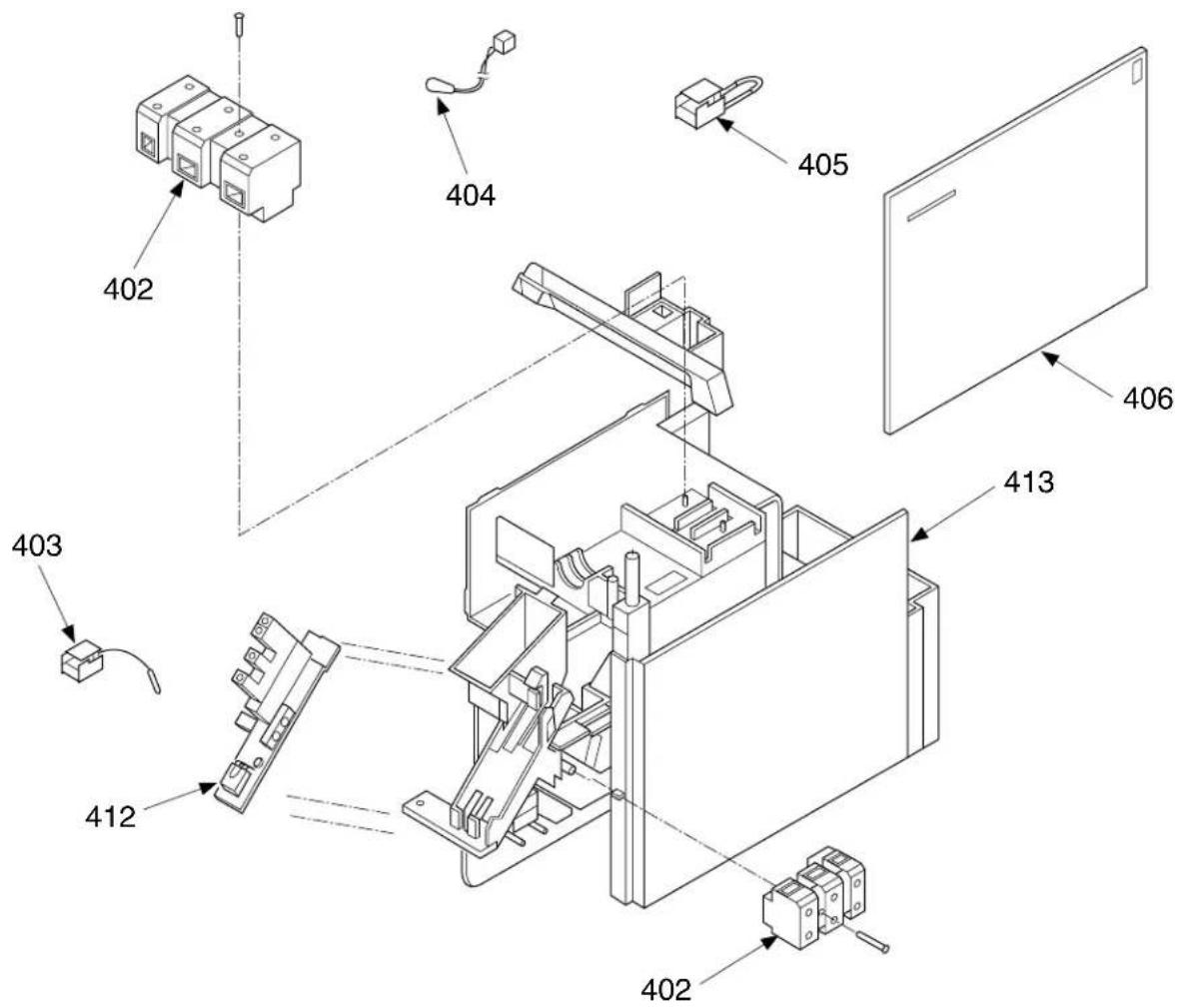 Technical diagram of an electronic device assembly with numbered components and labeled parts