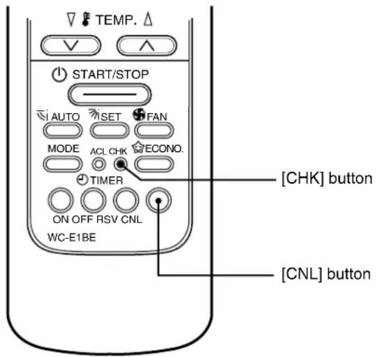 TEMP. START/STOP AUTO SET FAN MODE ACL CHK ECONO. TIMER ON OFF RSV CNL WC-E1BE [CHK] button [CNL] button