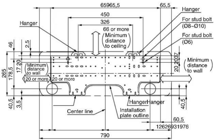 65965,5 450 326 66 or more Minimum distance to ceiling Hanger For stud bolt (Ø8~Ø10) For stud bolt (Ø6) 20 2037 Minimum distance to wall 265 17 20 120 or more 20 or more 40,5 3,5 46 2,5 178,5 40,5 790 Center line HangerHanger Installation plate outline 60,5 12626931976
