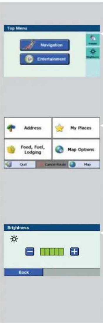 Top Menu Navigation Entertainment Address My Places Food, Fuel, Lodging Map Options Quit Cancel Route Map Brightness Back