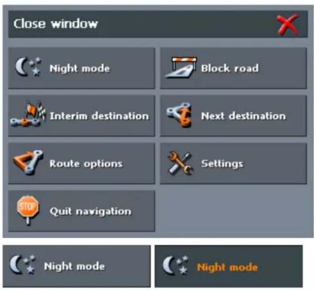 Close window Night mode Block road Interim destination Next destination Route options Settings Quit navigation Night mode Night mode