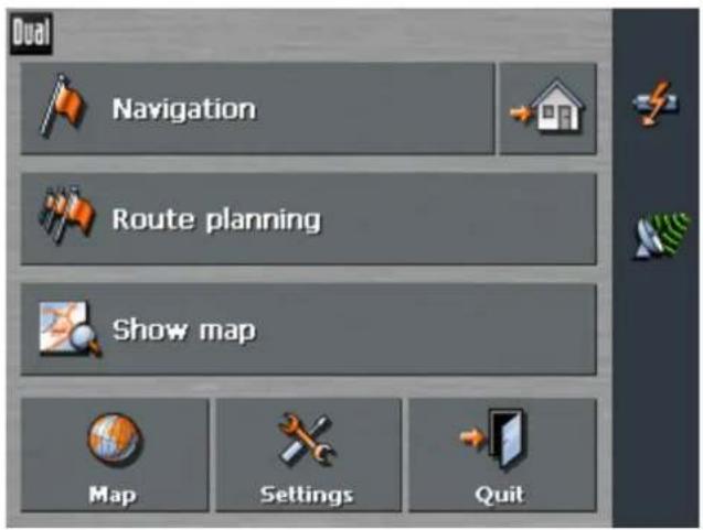 Dual Navigation Route planning Show map Map Settings Quit