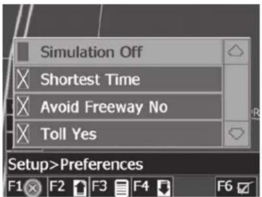 Simulation Off Shortest Time Avoid Freeway No Toll Yes Setup>Preferences F1 F2 F3 F4 F6